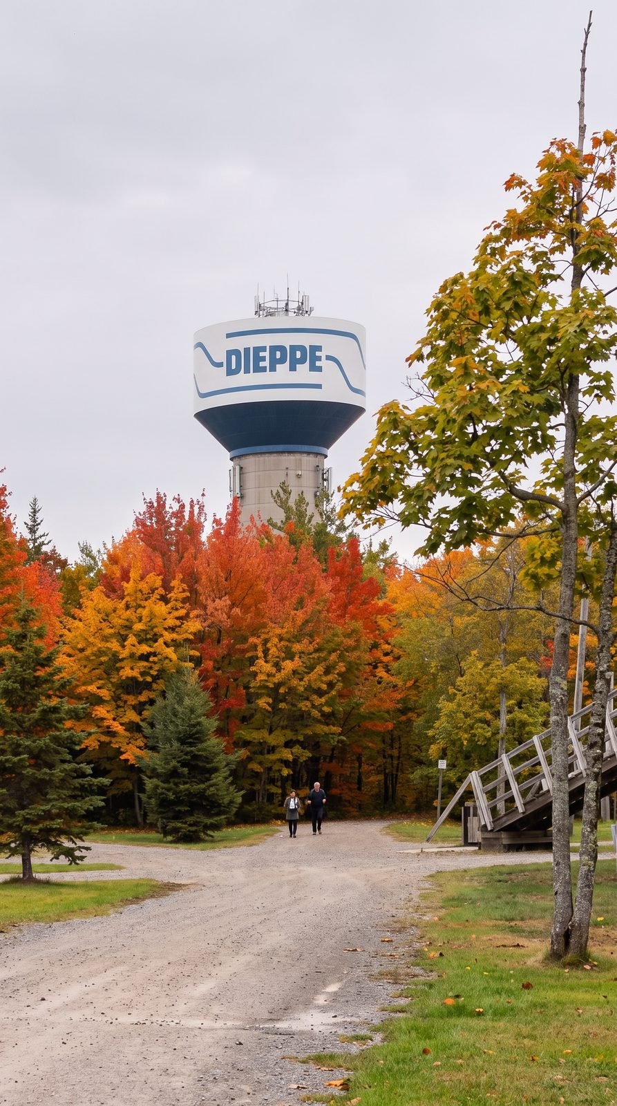 Château d'eau de Dieppe sous un ciel bleu, encadré de feuilles dorées